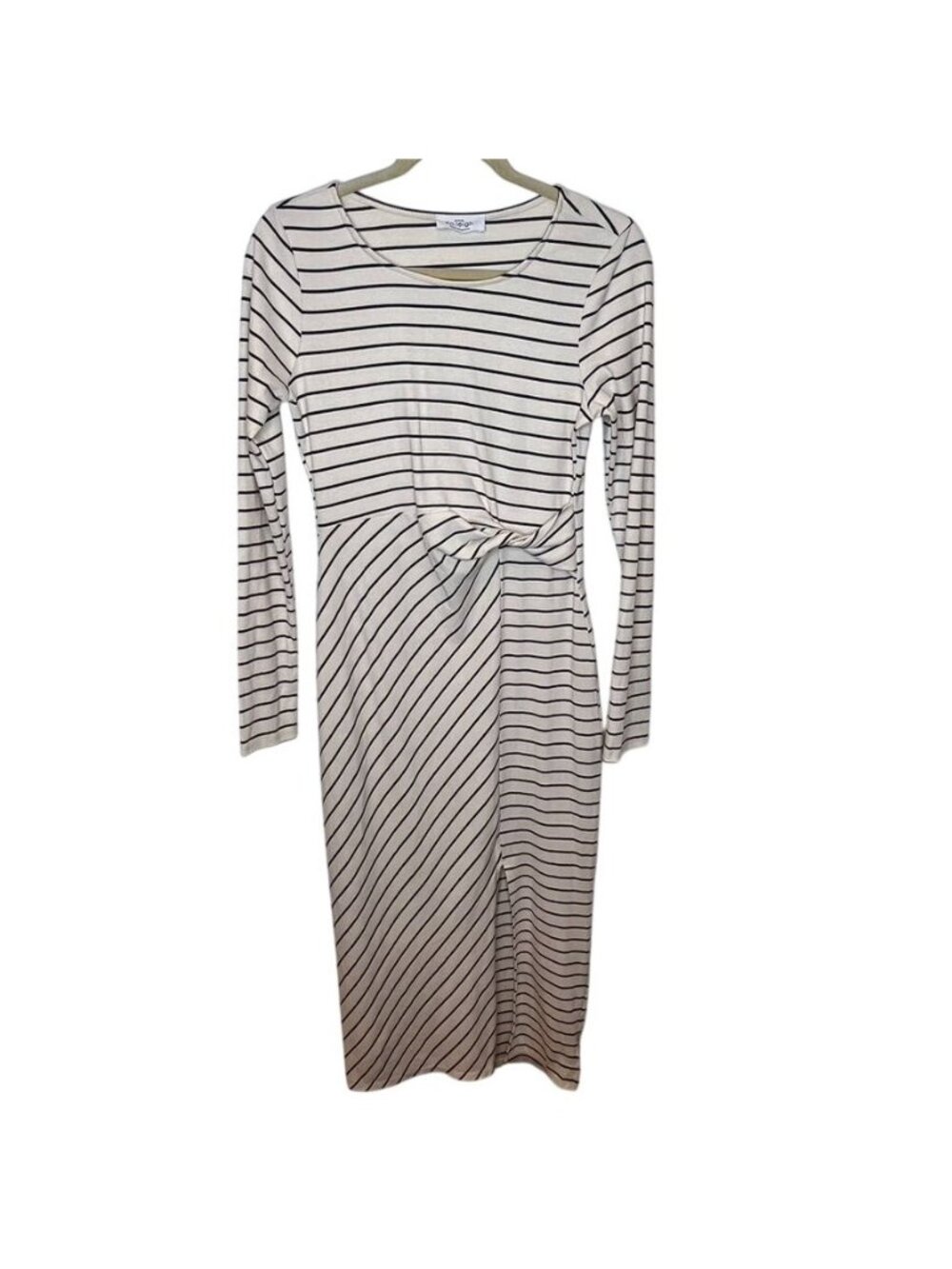 Kaileigh Striped Long Sleeve Knot Front Midi Dress Beige & Black Size M NWT